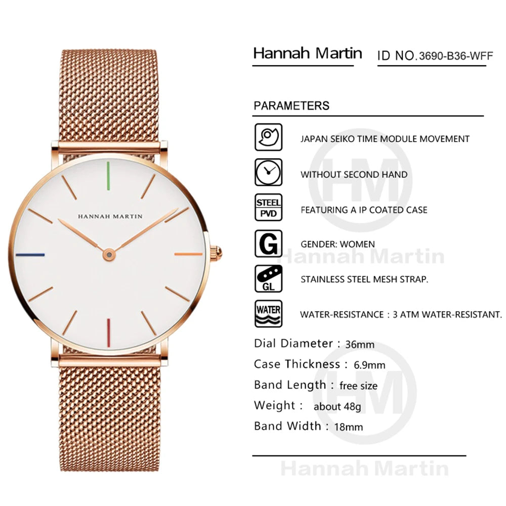 Montre Hannah Martin, Simple et Étanche, Acier Inoxydable Doré Rose avec Bracelet Maille.
