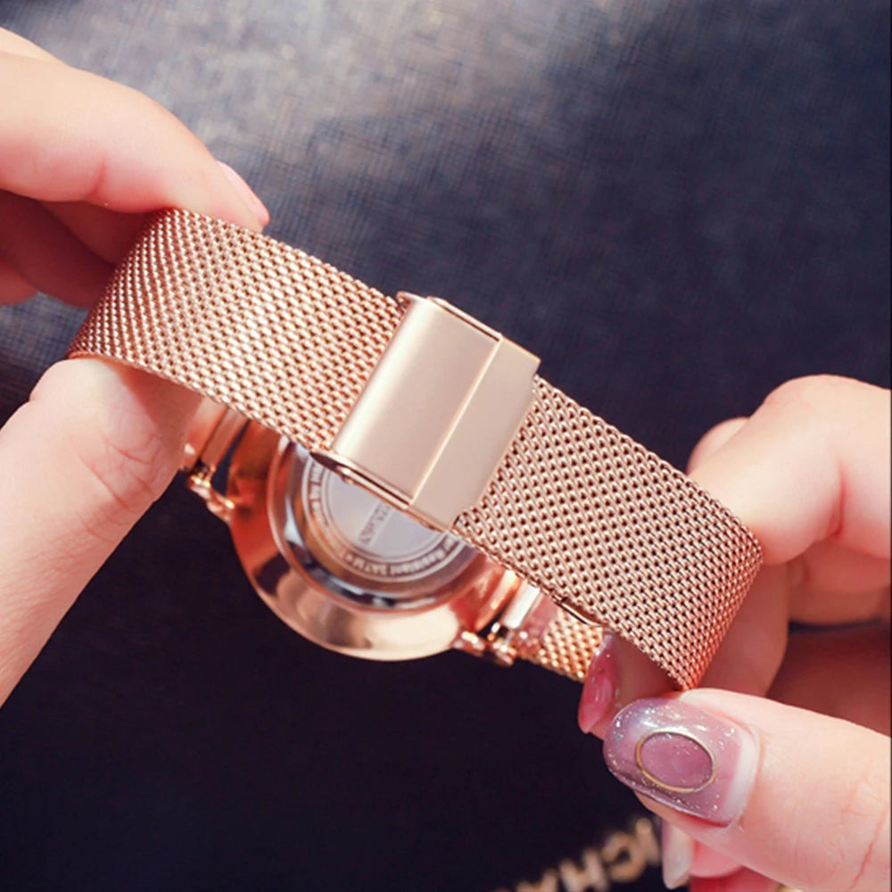 Montre Hannah Martin, Simple et Étanche, Acier Inoxydable Doré Rose avec Bracelet Maille.
