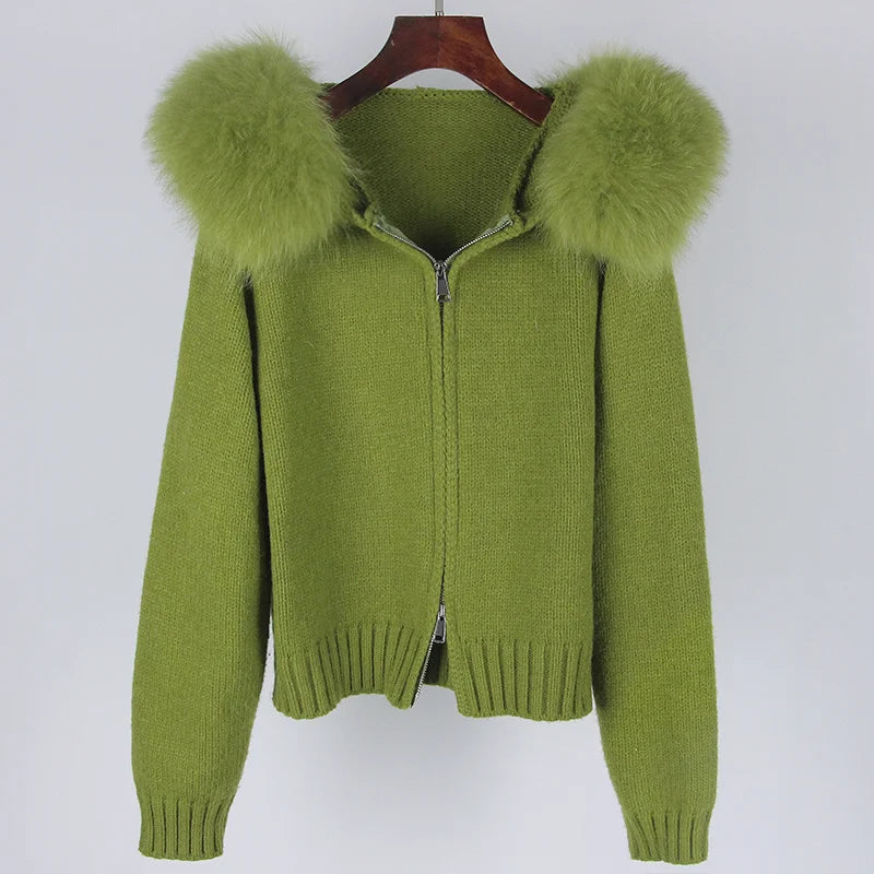 Gilet à Capuche en Vrai Renard Tricoté