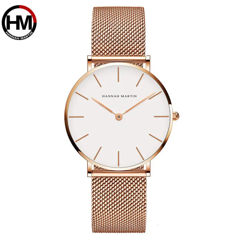 Montre Hannah Martin, Simple et Étanche, Acier Inoxydable Doré Rose avec Bracelet Maille.