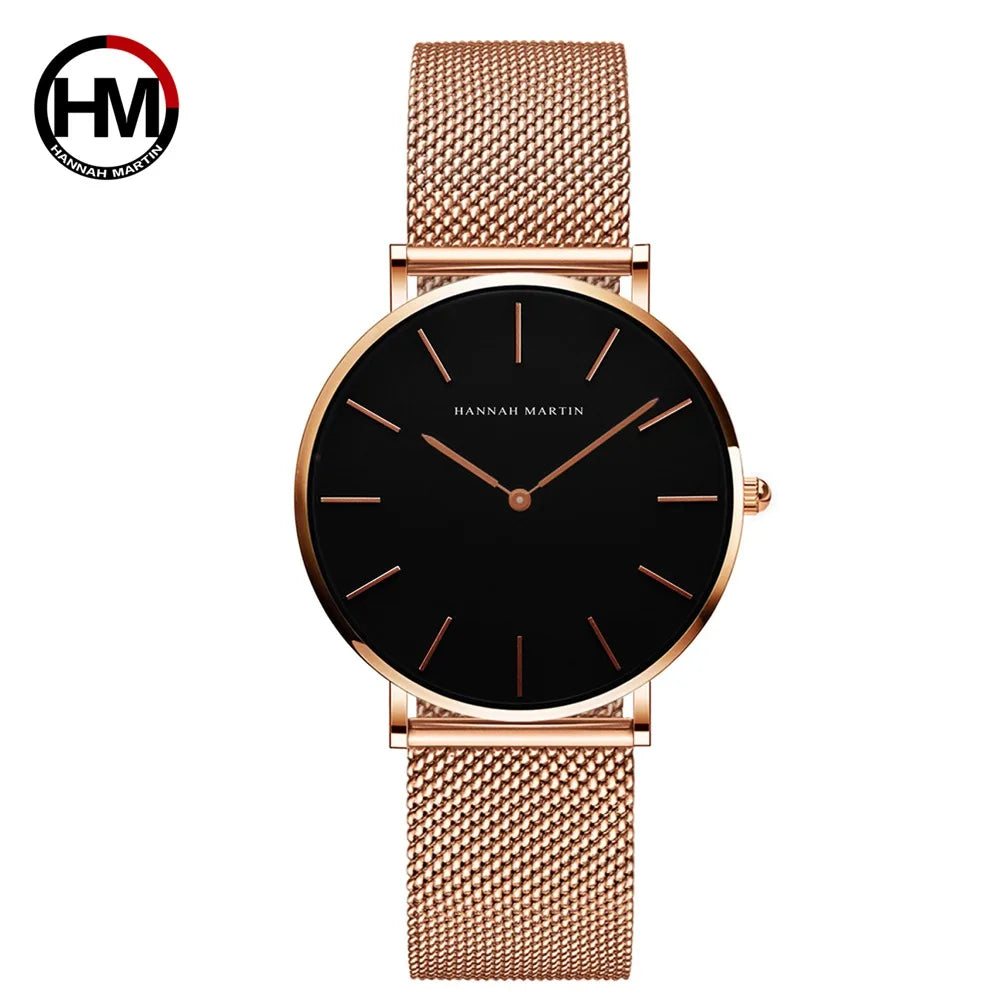 Montre Hannah Martin, Simple et Étanche, Acier Inoxydable Doré Rose avec Bracelet Maille.