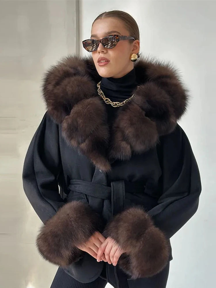 Manteau ceinturé noir Fourrure
