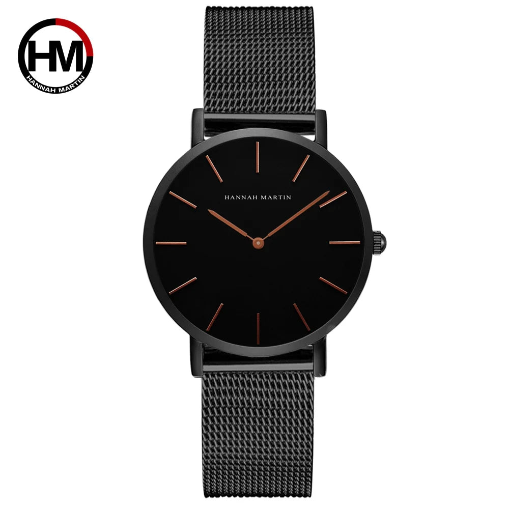 Montre Hannah Martin, Simple et Étanche, Acier Inoxydable Doré Rose avec Bracelet Maille.