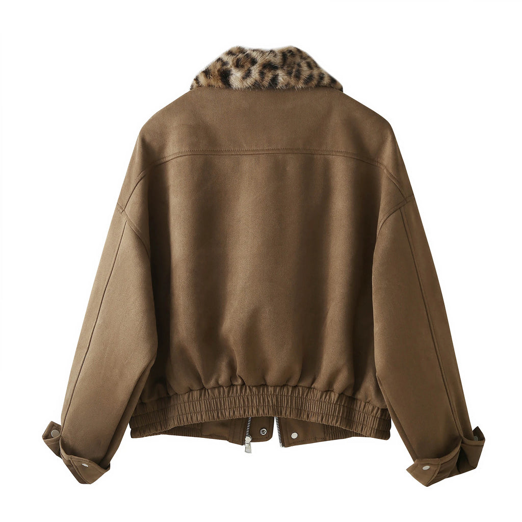 Veste rétro américaine en daim à imprimé léopard