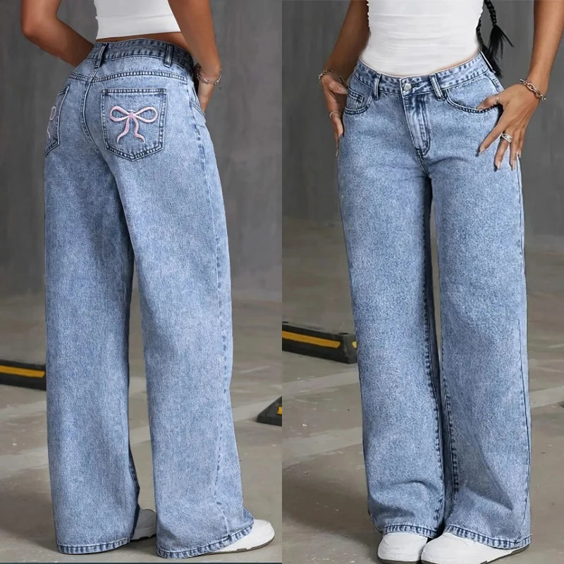 Jeans à Jambes Larges taille haute
