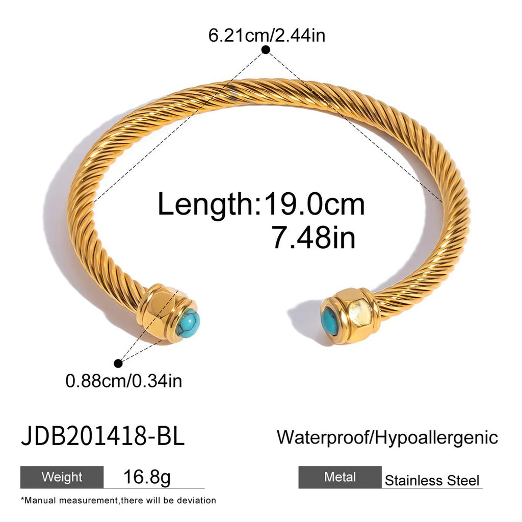 Bracelet empilé en pierre de paon Uworld Simple Classic, en acier inoxydable plaqué or 18K, orné de pierres naturelles turquoise bleues à motif côtelé.