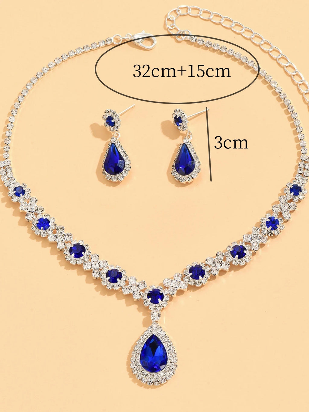Ensemble de 3 pièces pour femme : collier gouttes de cristal avec boucles d’oreilles.