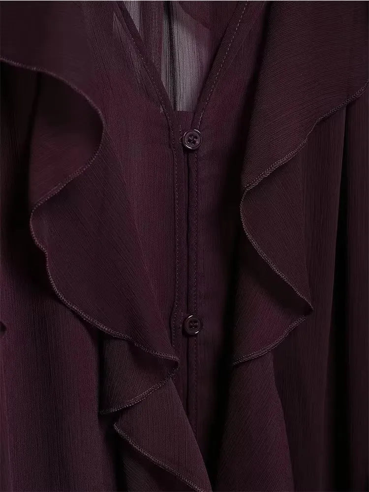 Chemisier à volants translucides, Décolleté en V, boutonnage simple