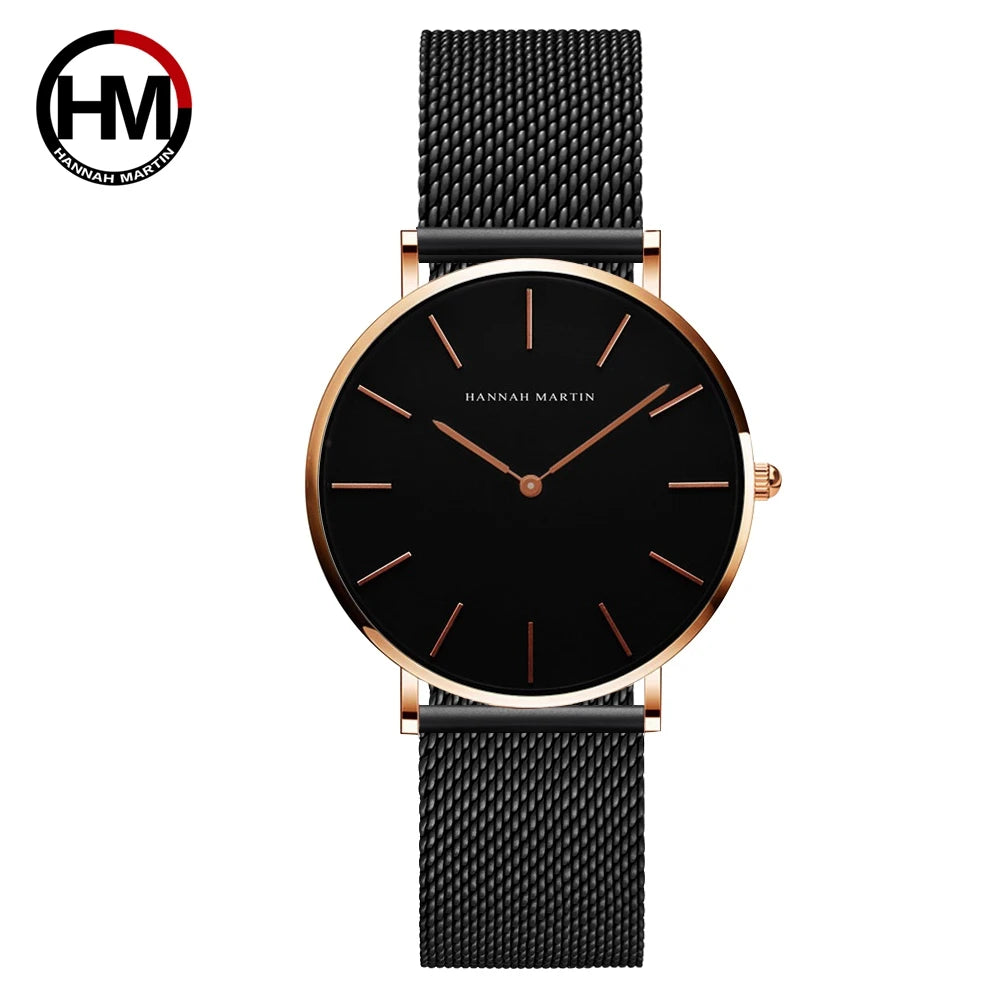 Montre Hannah Martin, Simple et Étanche, Acier Inoxydable Doré Rose avec Bracelet Maille.