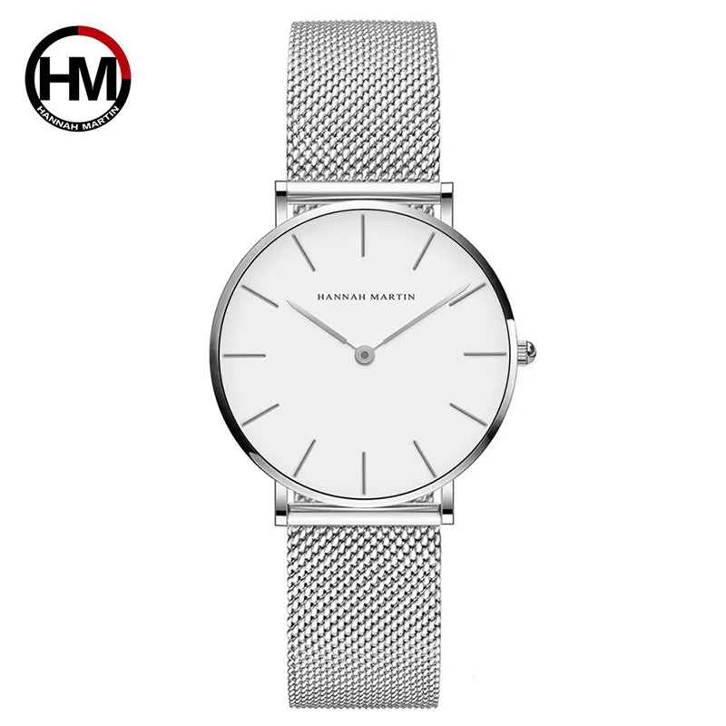 Montre Hannah Martin, Simple et Étanche, Acier Inoxydable Doré Rose avec Bracelet Maille.