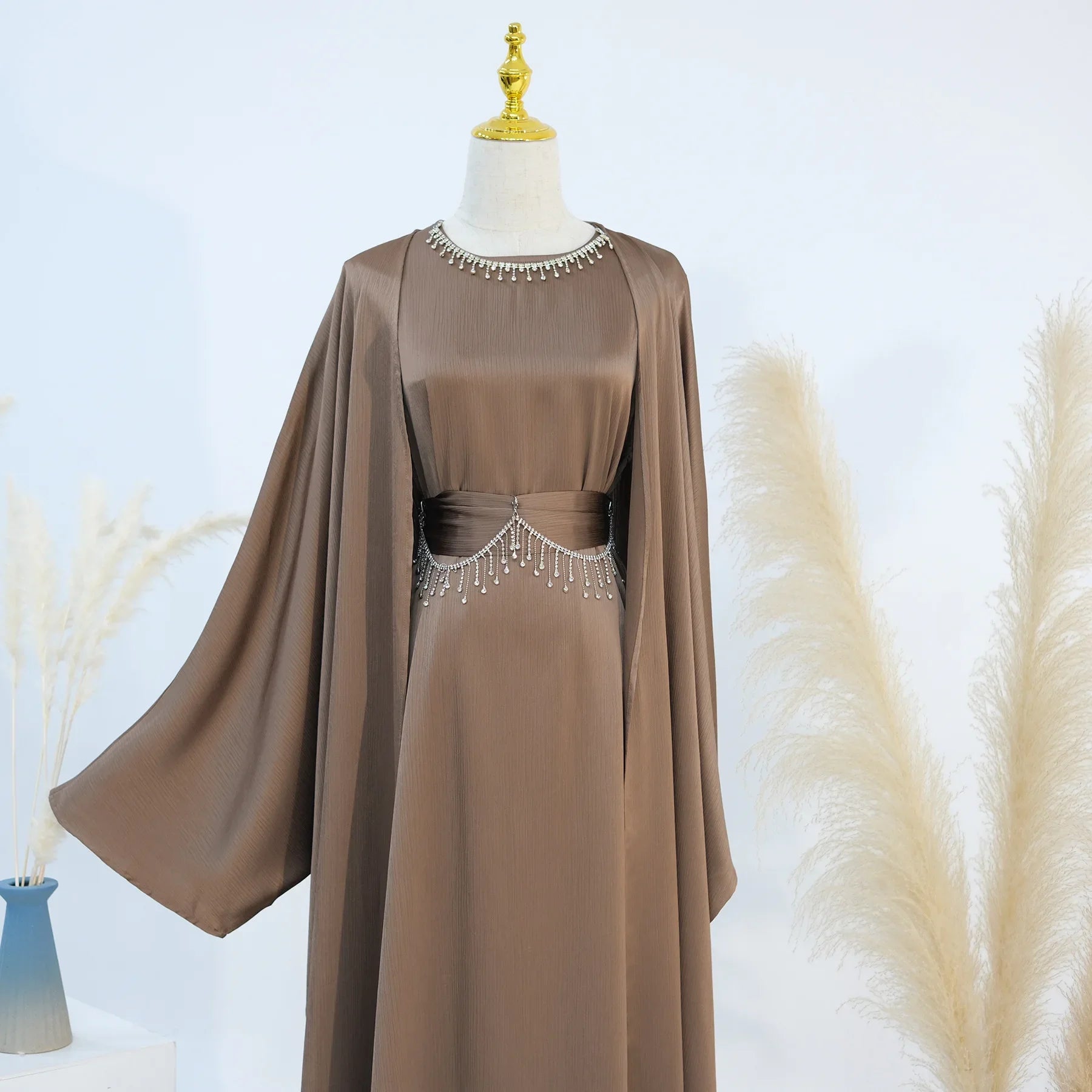 Ensemble 2 pièces pour femmes Abaya, Jalabiya ceintures ornées de strass, Maroc