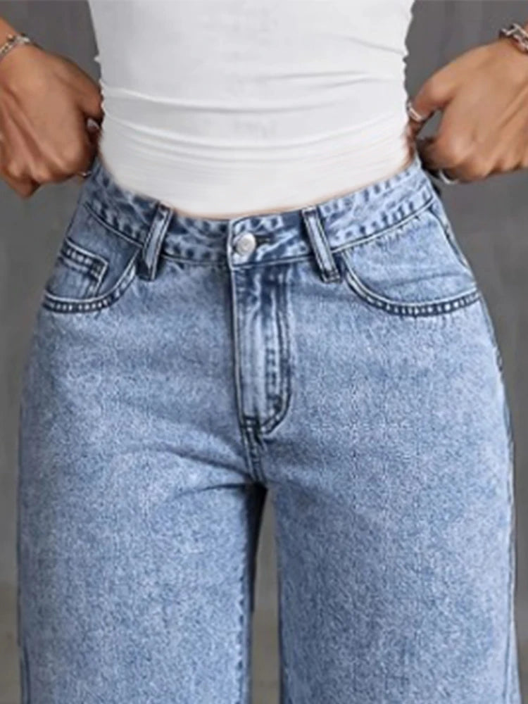 Jeans à Jambes Larges taille haute