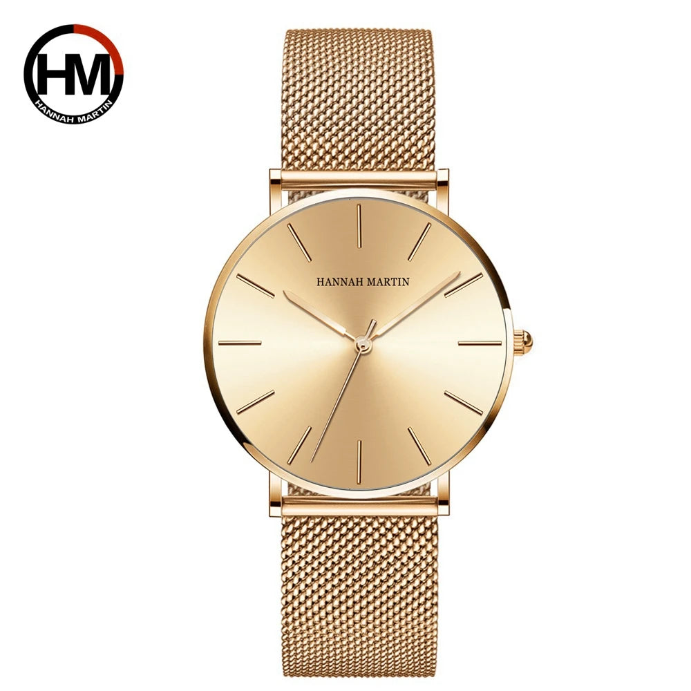Montre Hannah Martin, Simple et Étanche, Acier Inoxydable Doré Rose avec Bracelet Maille.