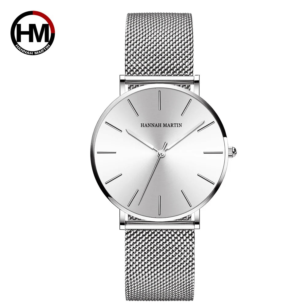 Montre Hannah Martin, Simple et Étanche, Acier Inoxydable Doré Rose avec Bracelet Maille.