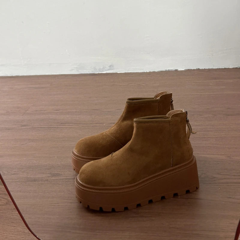 Bottes pour femme en coton chaud, style vintage automne-hiver, avec semelle épaisse pour un effet rehausseur et doublure en peluche confortable