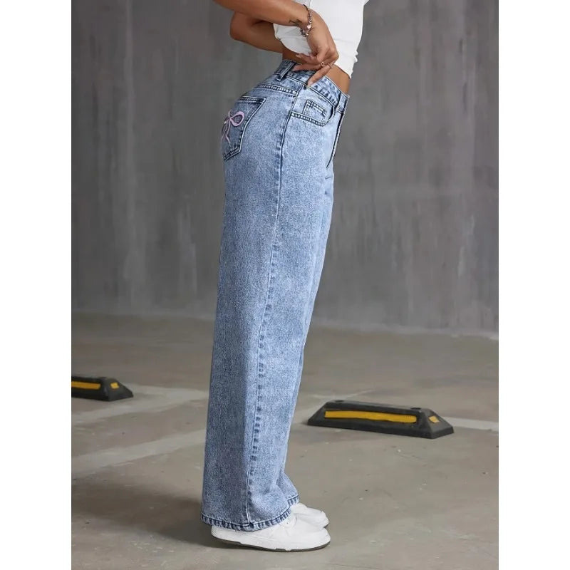 Jeans à Jambes Larges taille haute