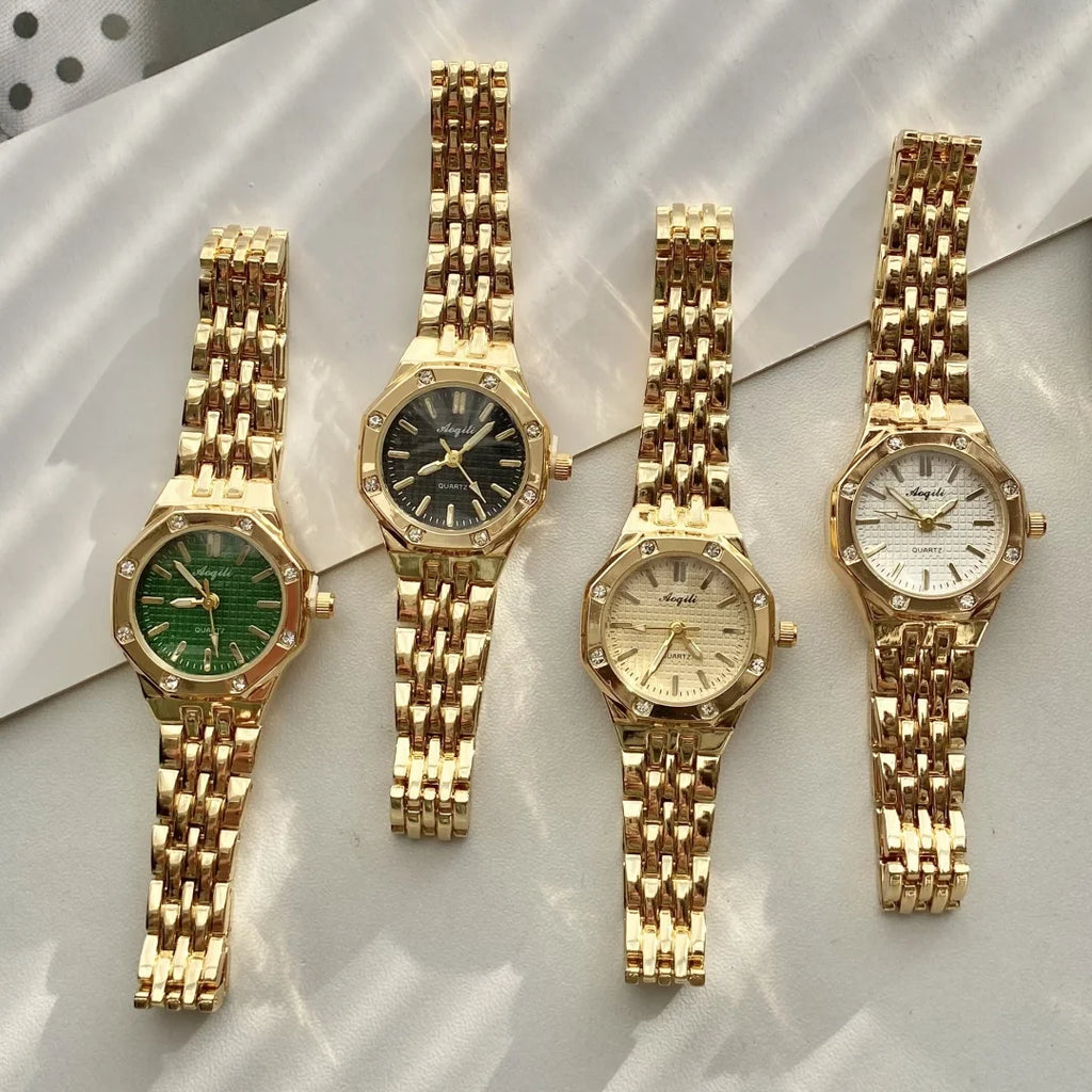 Montre-bracelet femme en acier doré à quartz, style luxe.