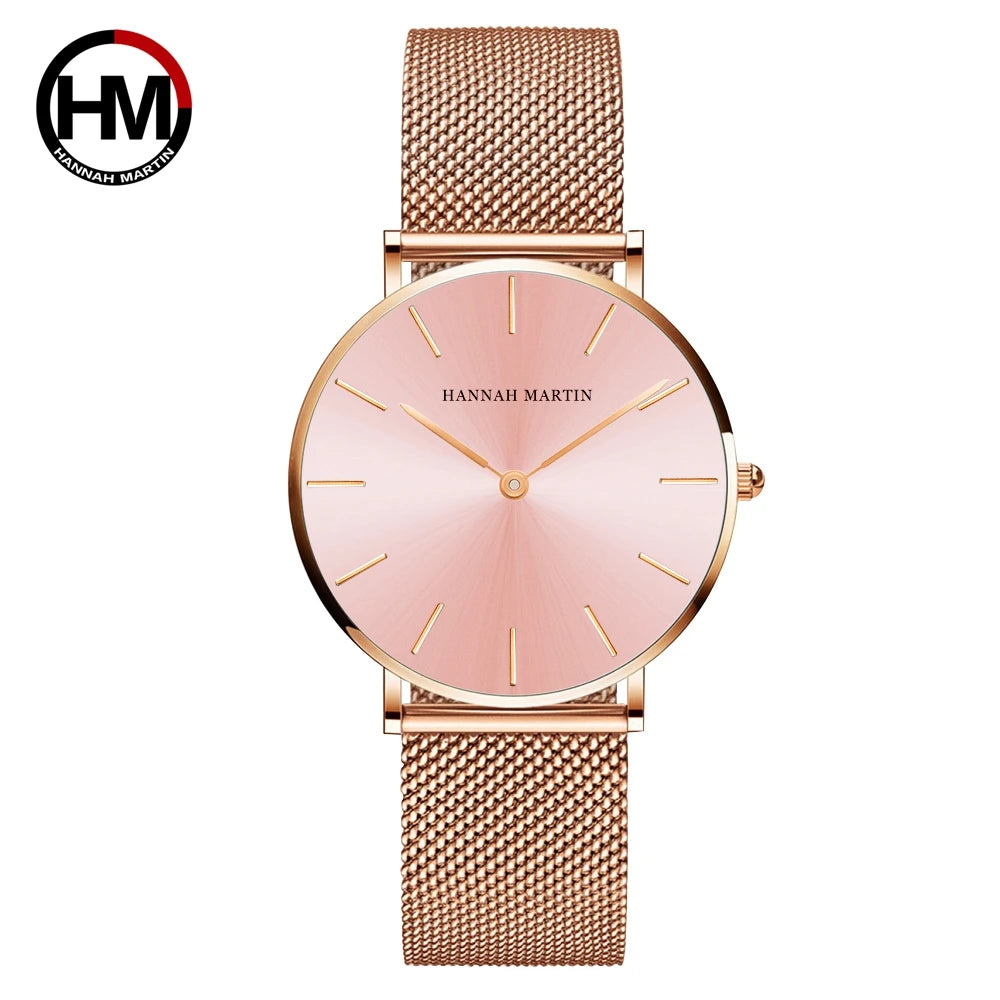 Montre Hannah Martin, Simple et Étanche, Acier Inoxydable Doré Rose avec Bracelet Maille.