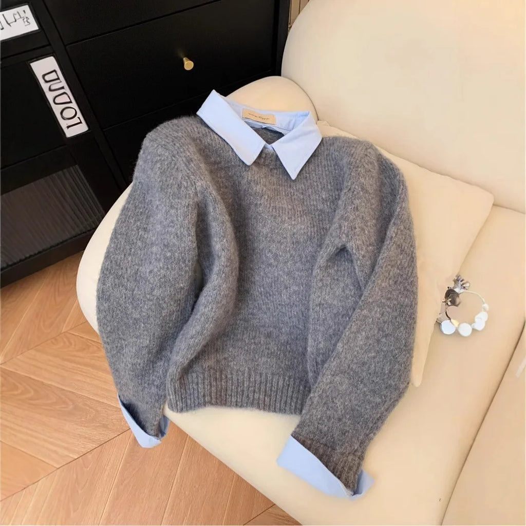 Fake Two Shirts Collar Sweater