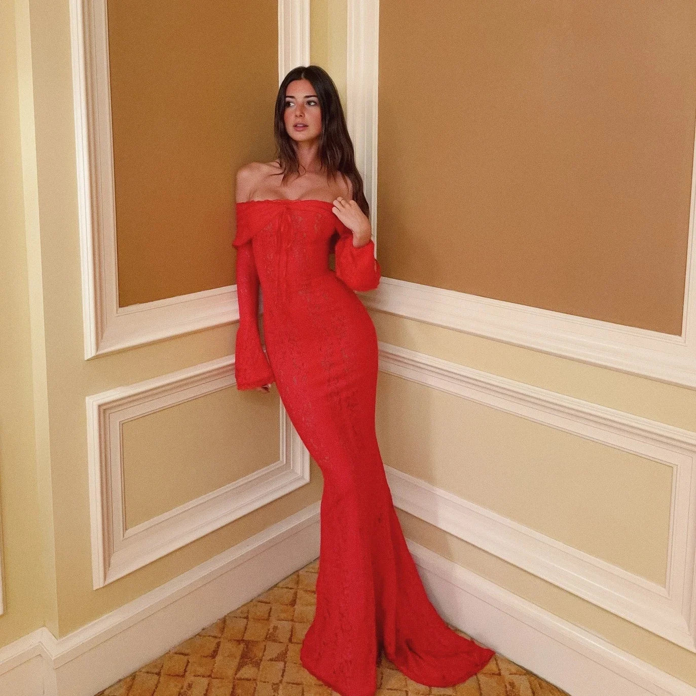 Robe Longue Transitif de Dentelle Manches