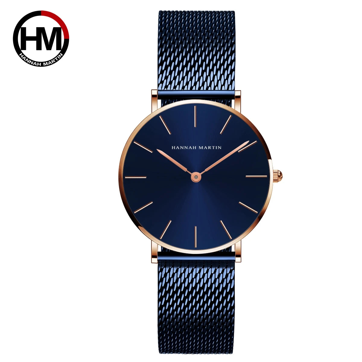 Montre Hannah Martin, Simple et Étanche, Acier Inoxydable Doré Rose avec Bracelet Maille.