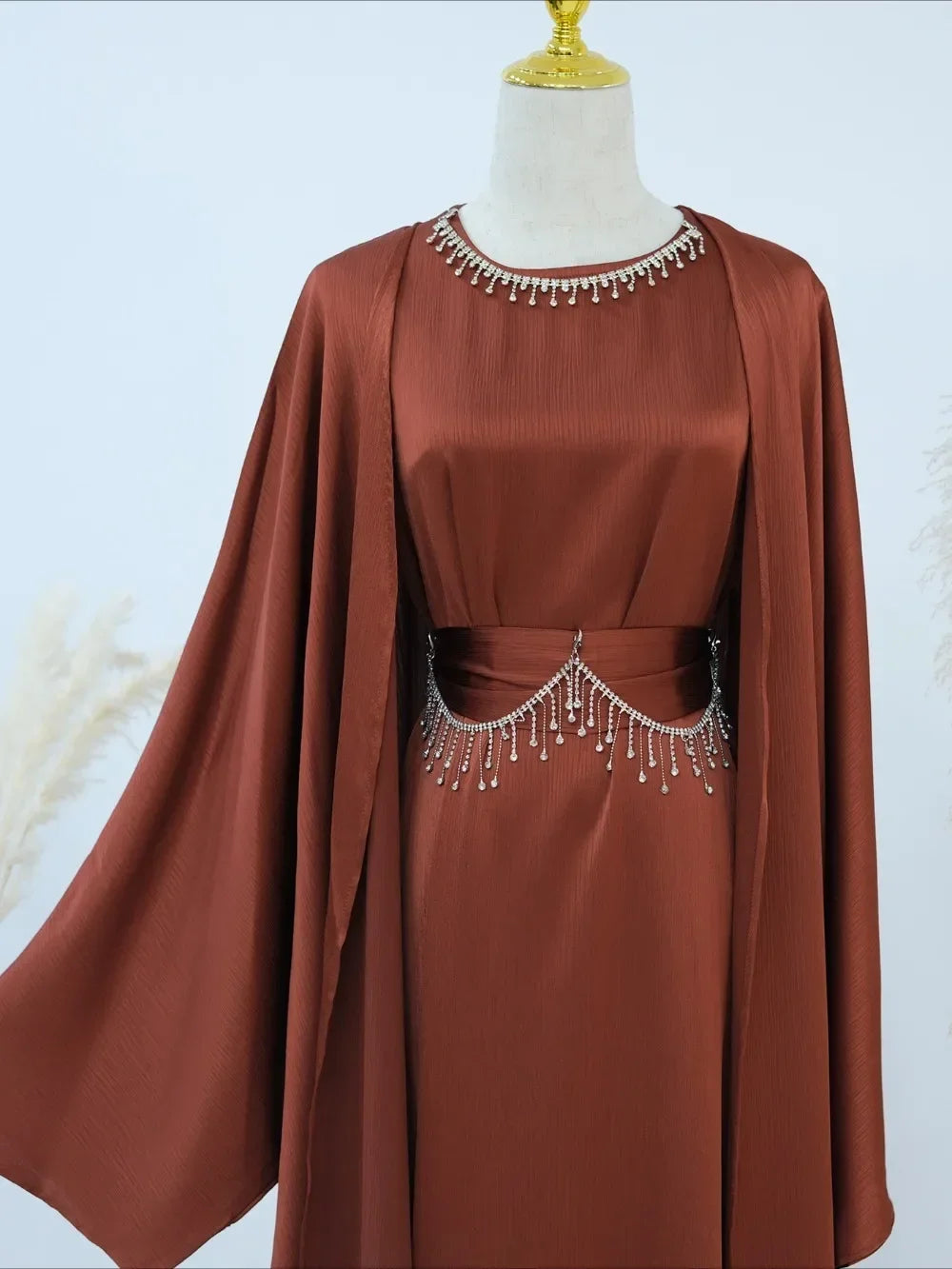 Ensemble 2 pièces pour femmes Abaya, Jalabiya ceintures ornées de strass, Maroc