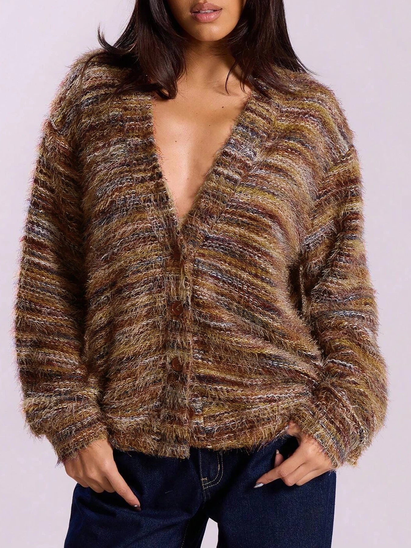 Gilet rayé à épaules tombantes cardigan en maille ample avec boutons