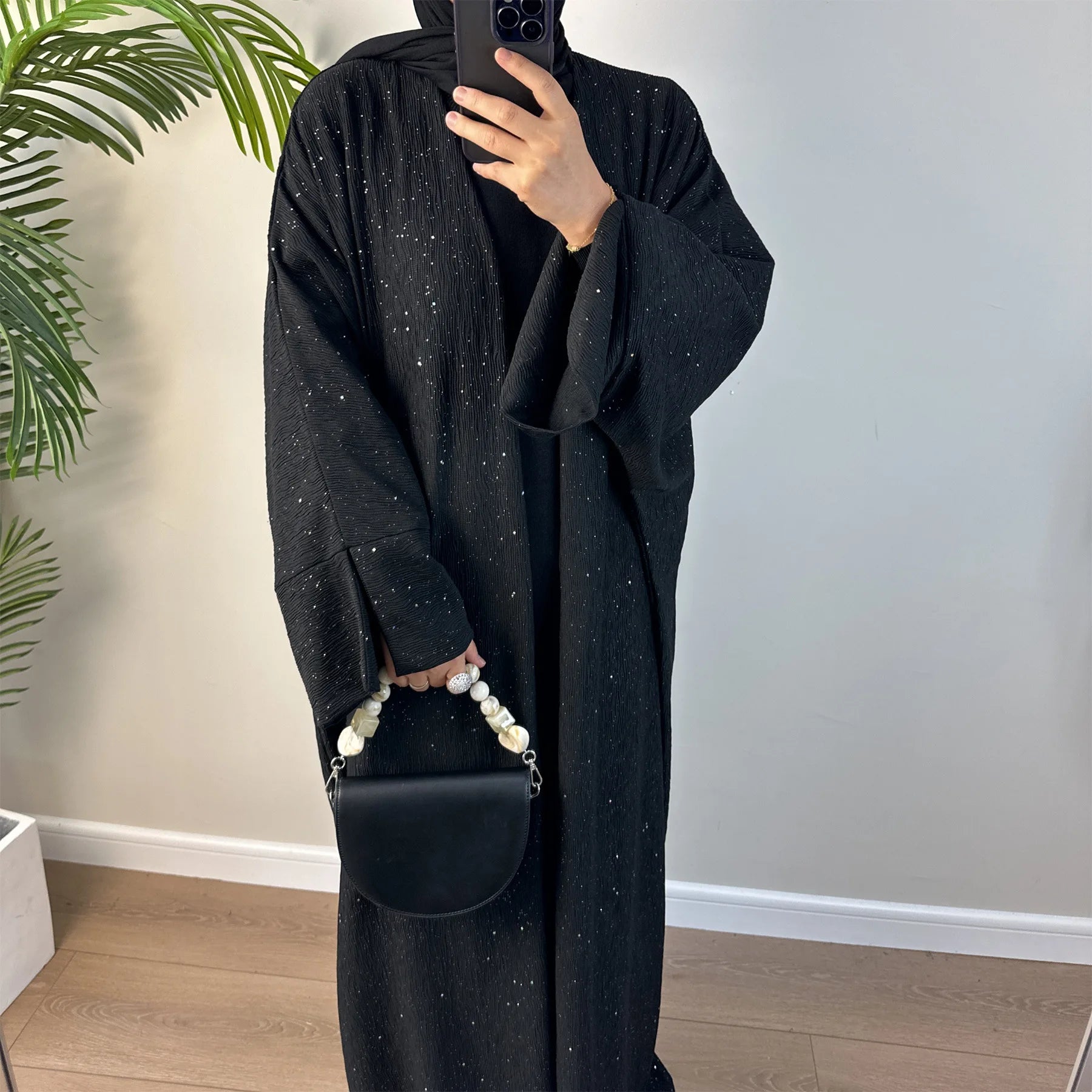 Abaya ouverte d’hiver, longue et chaude, avec paillettes turquie