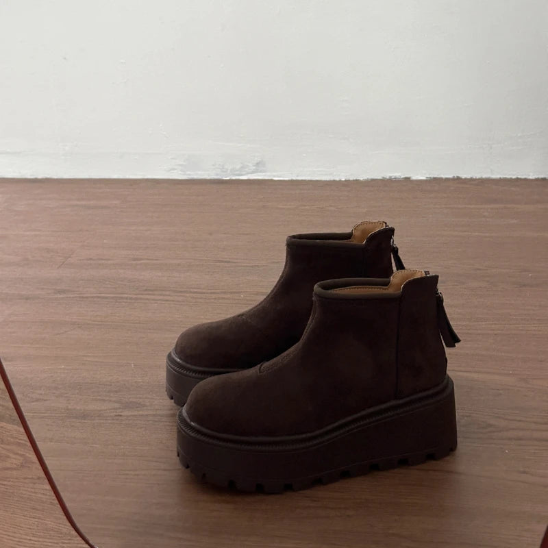 Bottes pour femme en coton chaud, style vintage automne-hiver, avec semelle épaisse pour un effet rehausseur et doublure en peluche confortable