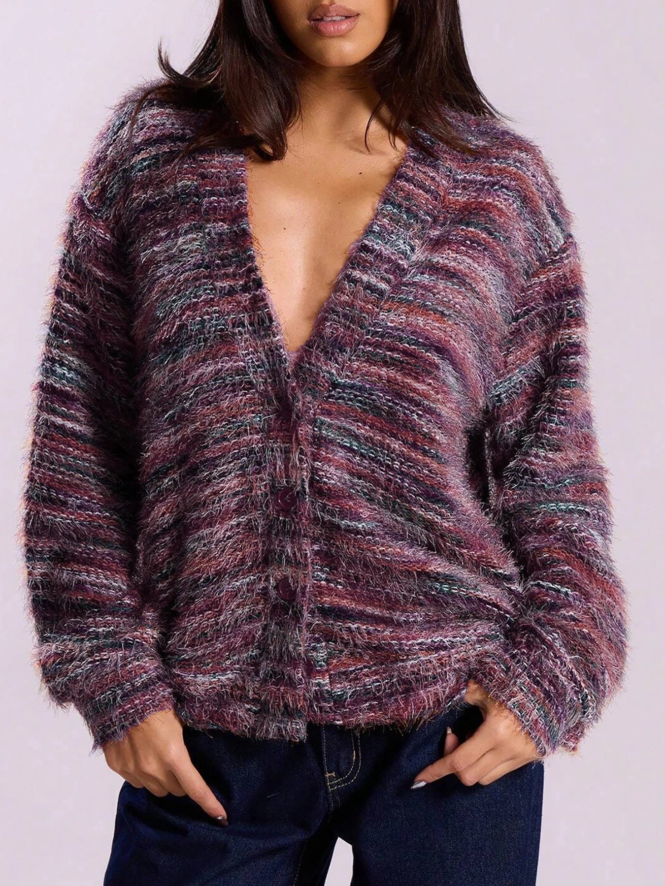 Gilet rayé à épaules tombantes cardigan en maille ample avec boutons