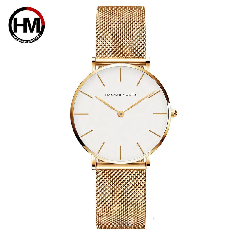 Montre Hannah Martin, Simple et Étanche, Acier Inoxydable Doré Rose avec Bracelet Maille.
